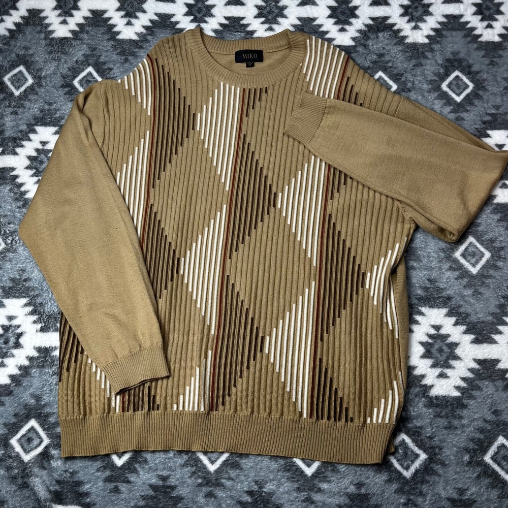 Miko Tan Geometric Ribbed Wool Blend Crewneck Sweater Mens 3X Argyle Pattern